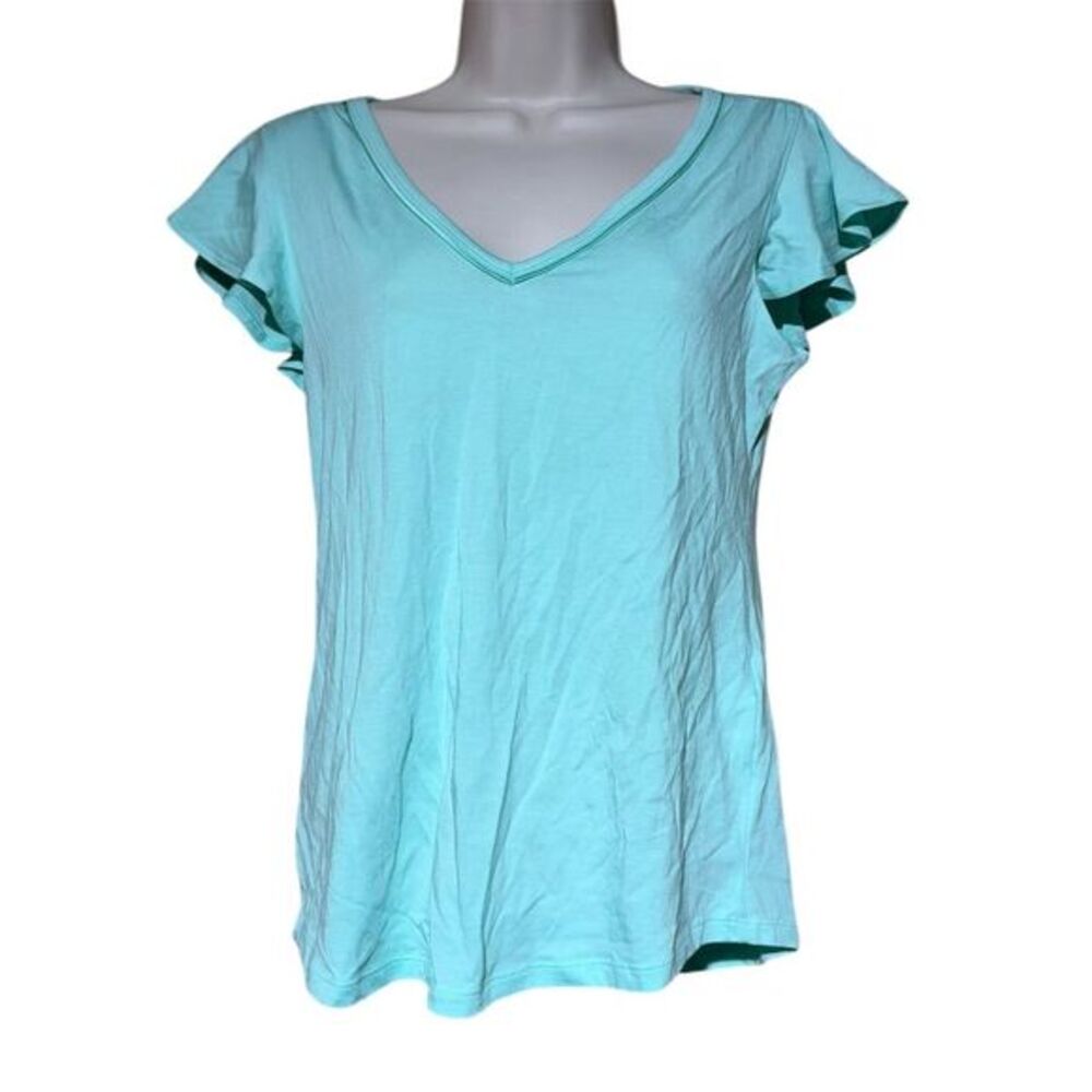 White House Black Market Women's XS Blue Ruffle Sleeve V-Neck Tee NWT